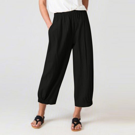 Women’s Harem Pants – Cotton Linen Blend – High Waist – Cropped Relaxed Fit – Side Pockets