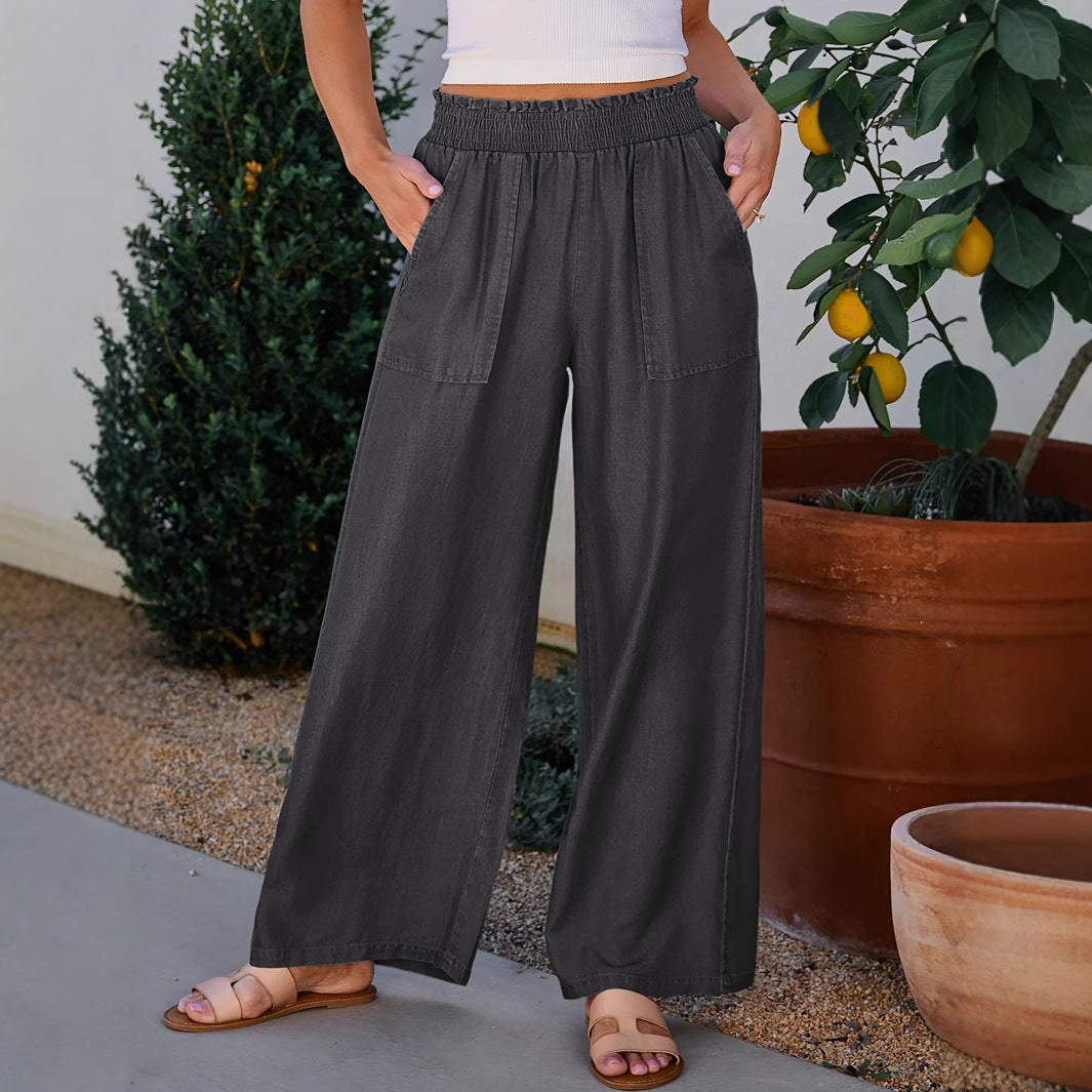 Women’s Wide-Leg Denim Trousers – Relaxed Fit – Elastic Waist – Full Length – Casual Style