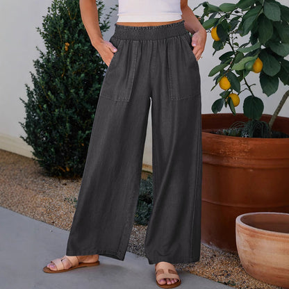 Women’s Wide-Leg Denim Trousers – Relaxed Fit – Elastic Waist – Full Length – Casual Style