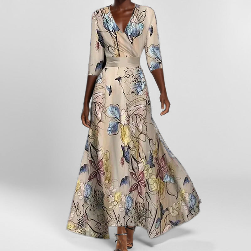 Women's Floral Print V-Neck Maxi Dress with Pockets & Elbow Sleeves