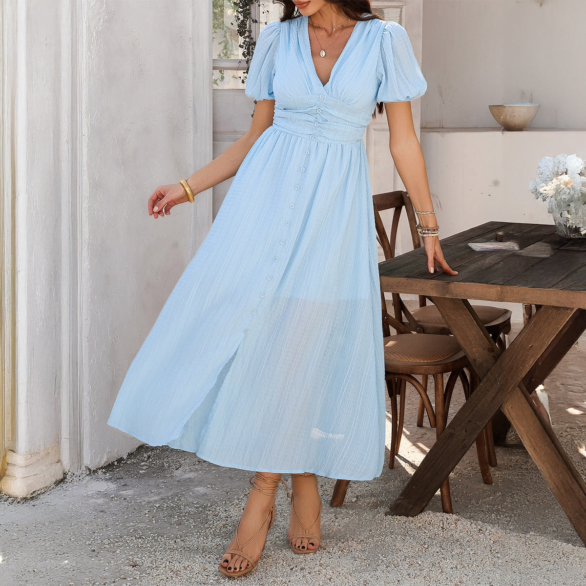 Women’s Maxi Dress – V-Neck – High Waist – Puff Sleeve – Front Slit – Button Detail