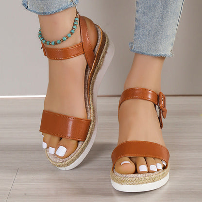 Women’s Wedge Sandals – Faux Leather – Jute Platform – Open Toe – Buckle Strap