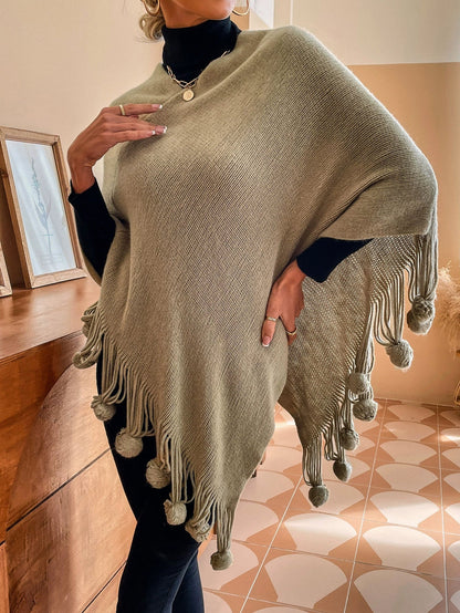 Women’s Shawl Sweater Cape – Knitted Cotton Blend – Relaxed Fit – Tassel Fringe Pom-Poms