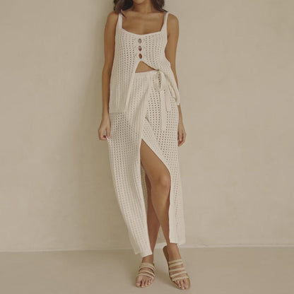 Women’s Two-Piece Knit Set – Cropped Sleeveless Top – Slit Maxi Skirt – Tie Waist