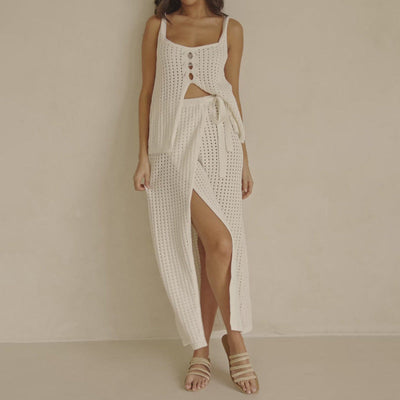 Women’s Two-Piece Knit Set – Cropped Sleeveless Top – Slit Maxi Skirt – Tie Waist