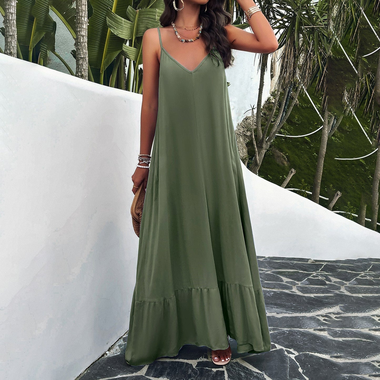 Women’s Maxi Dress – A-Line Fit – V-Neck Lace – Lightweight Cotton Blend – Sleeveless