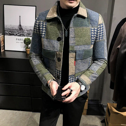 Men’s Jacket – Slim Fit – Wool – Plaid Patchwork – Button-Up with Chest Pockets