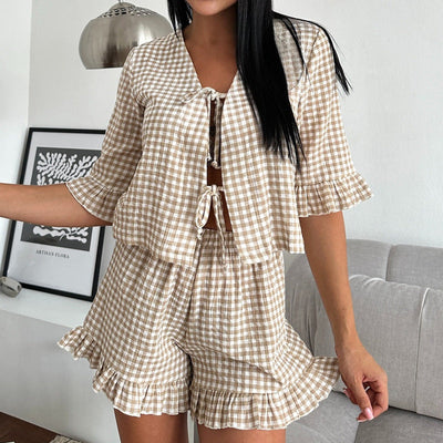 Women’s Pajama Set – Cotton Blend – Loose Fit – Check Print – Tie Front & Ruffle Trim
