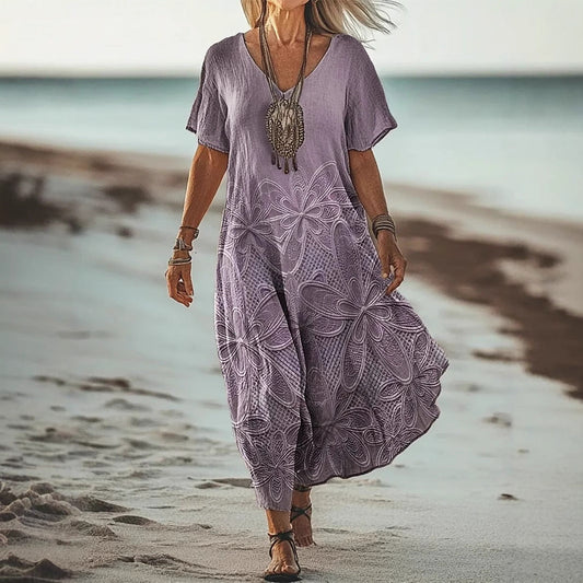 Women’s Mid-Length Dress – Relaxed Fit – V Neck – Short Sleeve – Artistic Floral Print