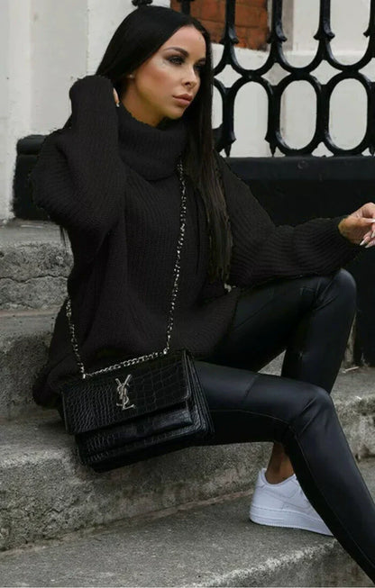 Women’s Knitted Sweater – Oversized Fit – Turtleneck – Ribbed Sleeve Casual Pullover