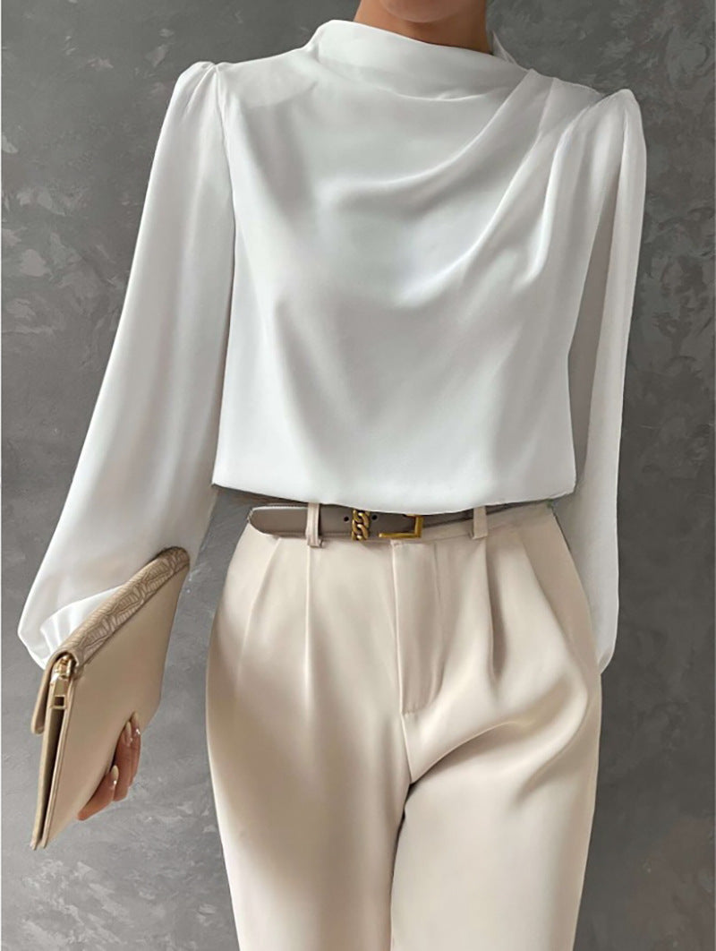 Women’s Satin Blouse – Relaxed Fit – High Neck – Long Sleeve Elegant Draped Top