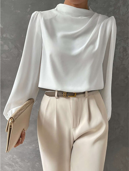 Women’s Satin Blouse – Relaxed Fit – High Neck – Long Sleeve Elegant Draped Top
