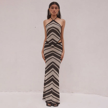 Women’s Knitted Dress – Bodycon Fit – Halter Neck – Geometric Stripe – Midi Length