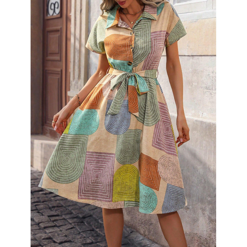 Women’s Shirt Dress – Relaxed Fit – Cotton – Belted Waist – Knee Length – Geometric Pattern