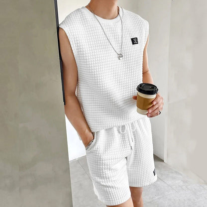 Men’s Lounge Set – Waffle Knit – Sleeveless Top and Shorts – Relaxed Fit Comfort Wear