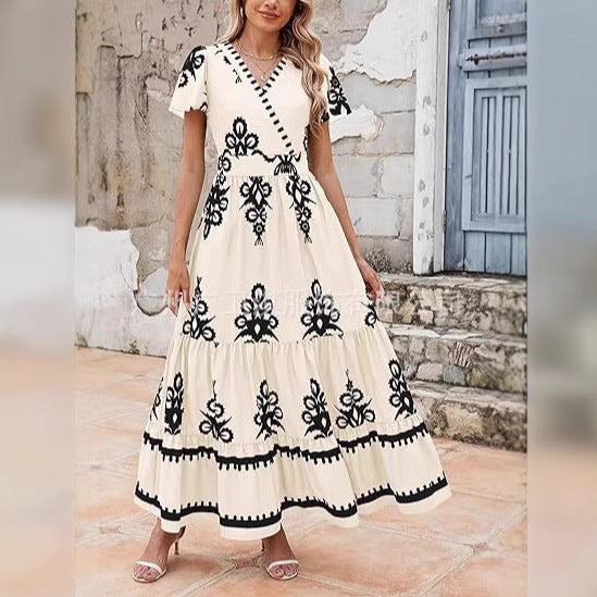 Women’s Maxi Dress – Bohemian A-Line Fit – Floral Print – V-Neck – Short Sleeve