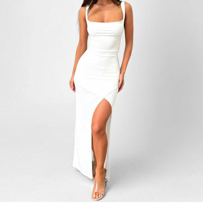 Women’s Maxi Dress – Slim Fit Satin – Spaghetti Straps – High Slit – Open Back