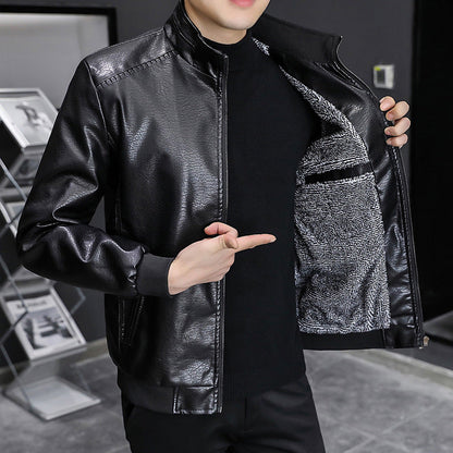 Men’s Leather Jacket – Slim Fit – Stand Collar – Zip-Up – Ribbed Hem and Cuffs