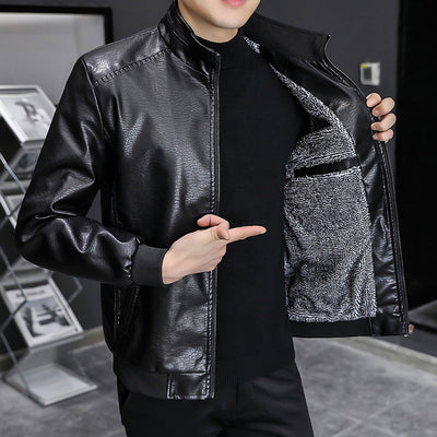 Men’s Leather Jacket – Slim Fit – Stand Collar – Zip-Up – Ribbed Hem and Cuffs