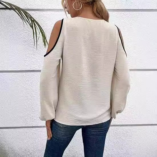 Women’s Pullover Top – Soft Knit – Relaxed Fit – Cold Shoulder – Asymmetrical Trim