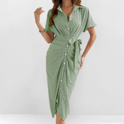 Women’s Midi Dress – Slim Fit – V-Neck – Short Sleeve – Button Front – Tie Waist