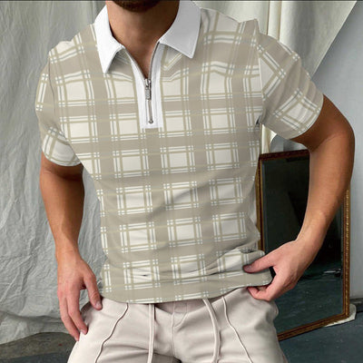 Men’s Polo Shirt – Slim Fit – Cotton – Checkered – Short Sleeve Zip Collar