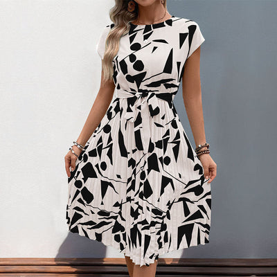 Women’s Midi Dress – Fit and Flare – Geometric Print – Pleated – Short Sleeve Belted
