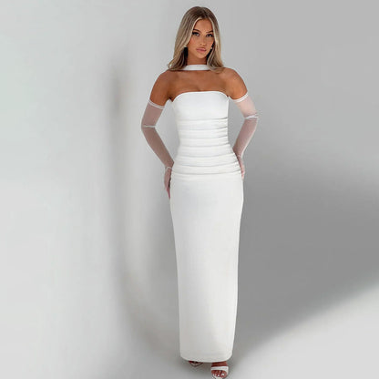 Women’s Evening Gown – Satin Strapless Slim Fit – Mesh Sleeves and Scarf – Floor Length