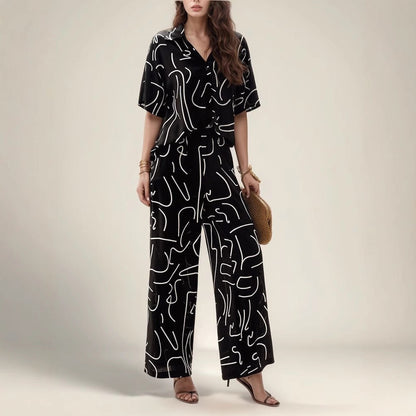 Women’s Oversized Blouse – Breathable Cotton – Abstract Print – Short Sleeve – Button Front