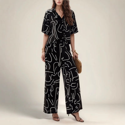 Women’s Oversized Blouse – Breathable Cotton – Abstract Print – Short Sleeve – Button Front
