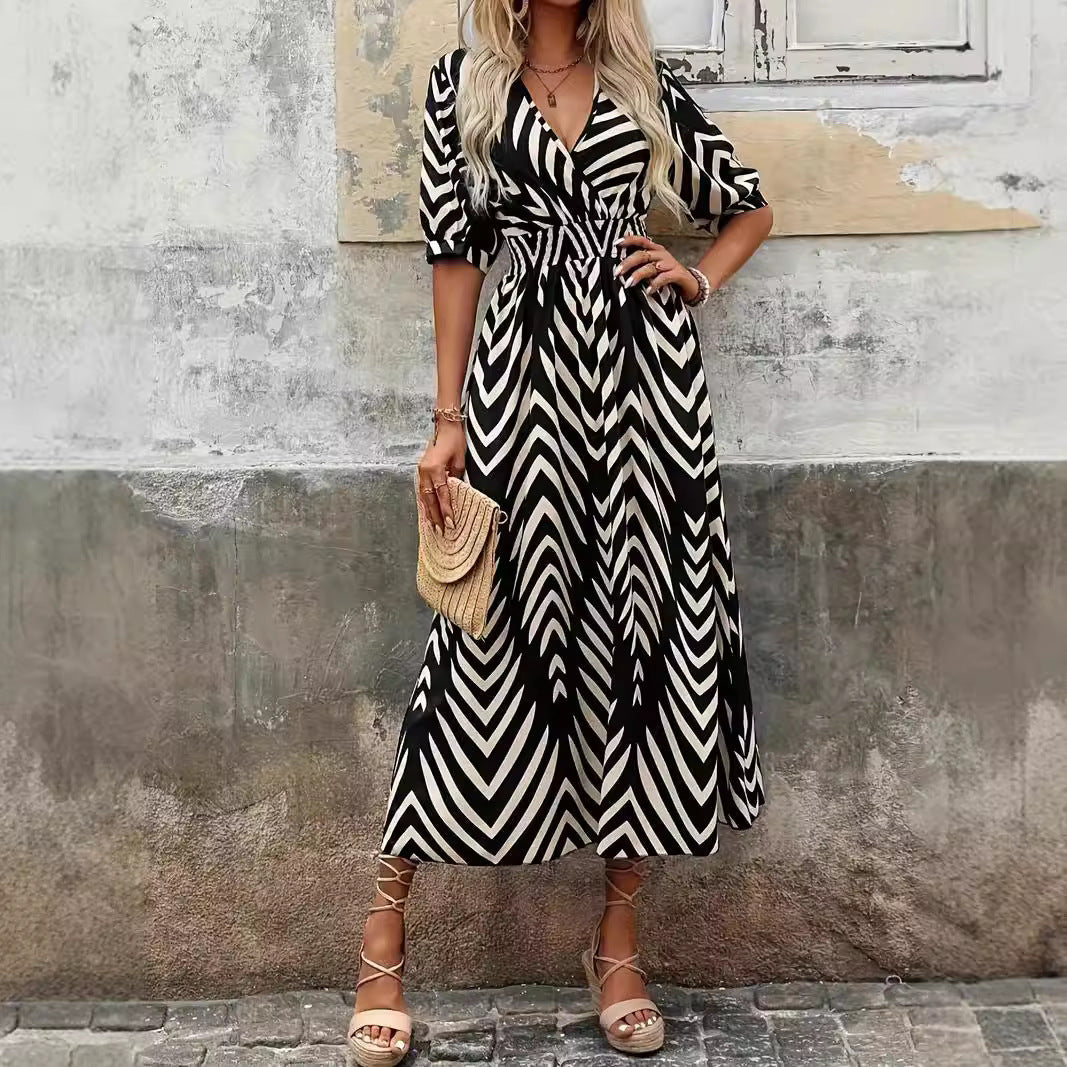 Women’s Midi Dress – A-Line Fit – V-Neck Wrap – Belted Waist – Puff Sleeves – Geometric Print