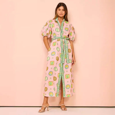 Women’s Midi Dress – Relaxed Fit – Lantern Sleeve – Button Down – Graffiti Print – Belted