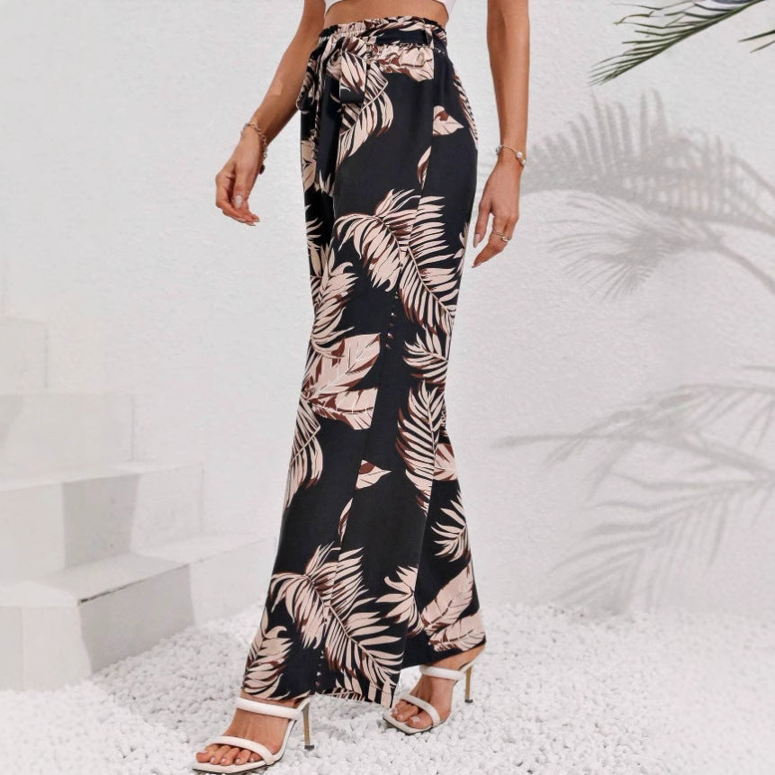 Women’s Wide-Leg Trousers – Bohemian Print – High Waist Tie Belt – Flowy Fit