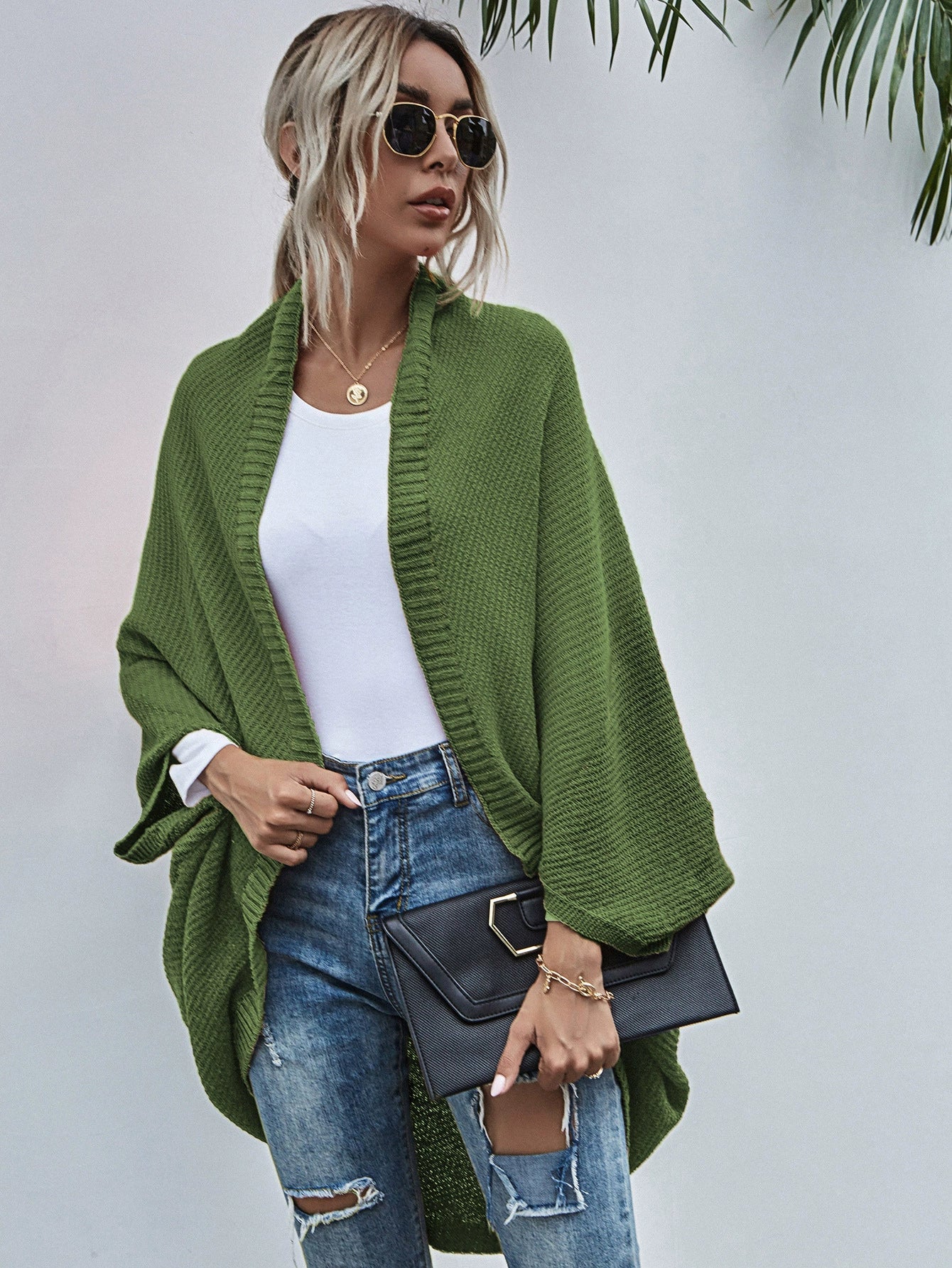 Women’s Cardigan Sweater – Oversized Fit – Wool Knit – Open Front – Batwing Sleeves