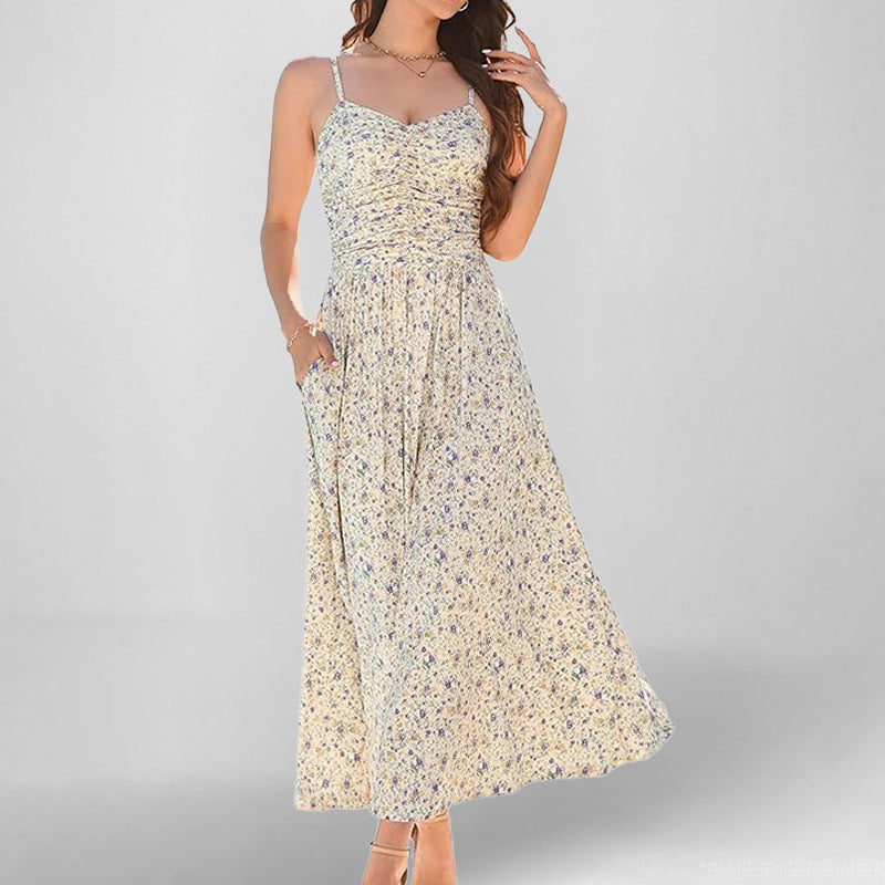 Women’s Sundress – A-Line Midi – Spaghetti Straps – Floral Print – Pockets – Cotton Blend