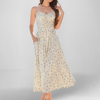 Women’s Sundress – A-Line Midi – Spaghetti Straps – Floral Print – Pockets – Cotton Blend