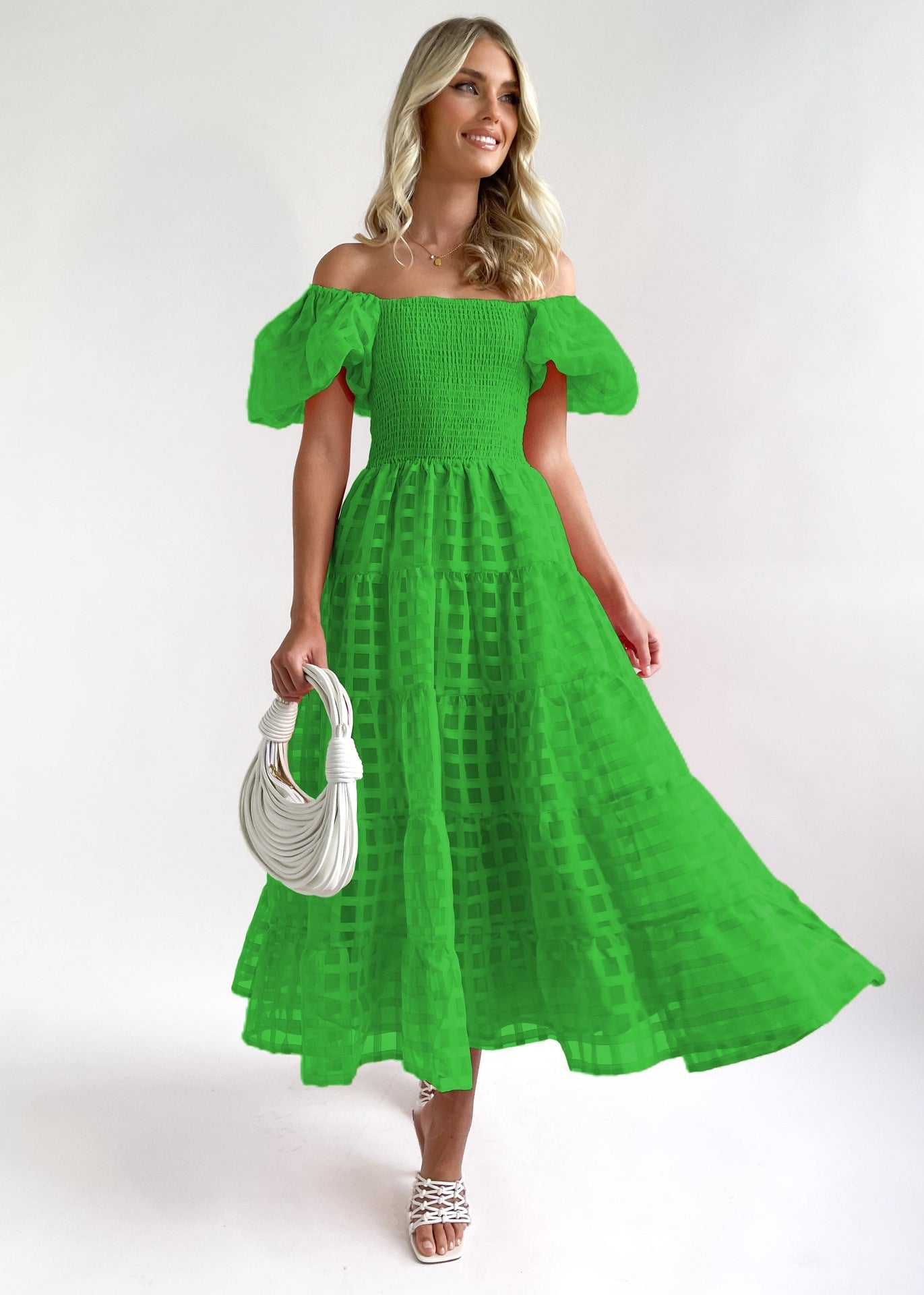 Women’s Maxi Dress – Off-Shoulder – Puff Sleeves – Smocked Waist – Tiered Skirt – Breathable Blend