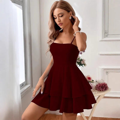 Women’s Mini Dress – A-Line Fit – Spaghetti Straps – Square Neck – Tiered Skirt