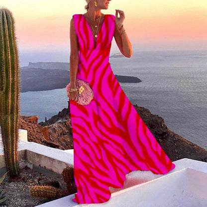 Women’s Maxi Dress – Flowy Fit – Sleeveless – Deep V-Neck – Bold Floral Print – Breathable Blend