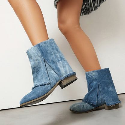 Women’s Ankle Boots – Denim Fabric – Distressed Trim – Side Slits – Slip-On Casual Fit