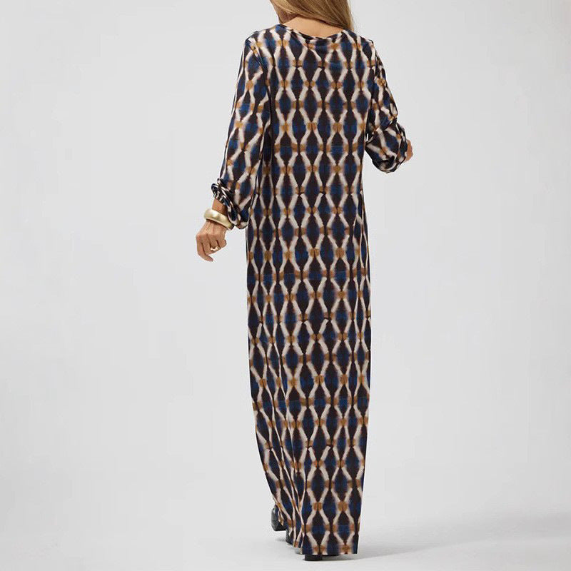 Women’s Midi Dress – Flowy Fit – V-Neck – Long Sleeve – Lightweight Printed Fabric