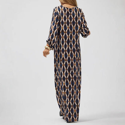 Women’s Midi Dress – Flowy Fit – V-Neck – Long Sleeve – Lightweight Printed Fabric