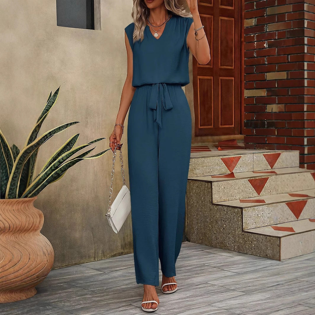 Women’s Sleeveless Top and Trousers Set – Relaxed Fit – Breathable Blend – Wide Leg