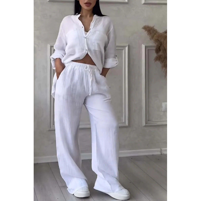 Women’s Shirt and Trousers Set – Linen Blend – Relaxed Fit – Wide Leg – Button Down Top