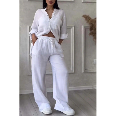 Women’s Shirt and Trousers Set – Linen Blend – Relaxed Fit – Wide Leg – Button Down Top