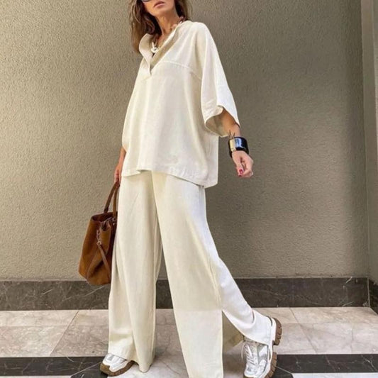Women's Relaxed Fit Oversized Tunic and Wide-Leg Trousers Set
