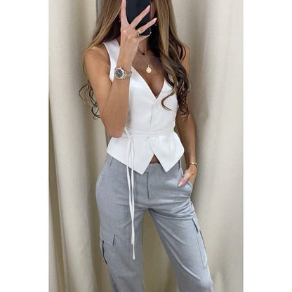 Women’s Vest Top – Tailored Fit – V-Neck – Lace-Up Waist – Linen