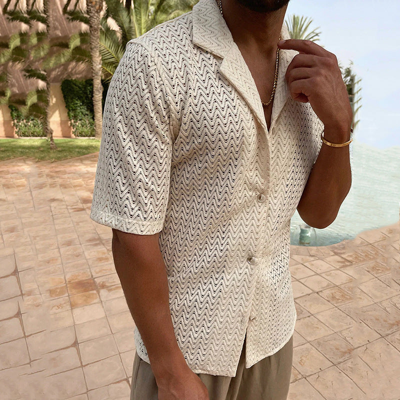 Men’s Knitted Cardigan – Slim Fit – Short Sleeve – Openwork – Button Front – Notched Collar