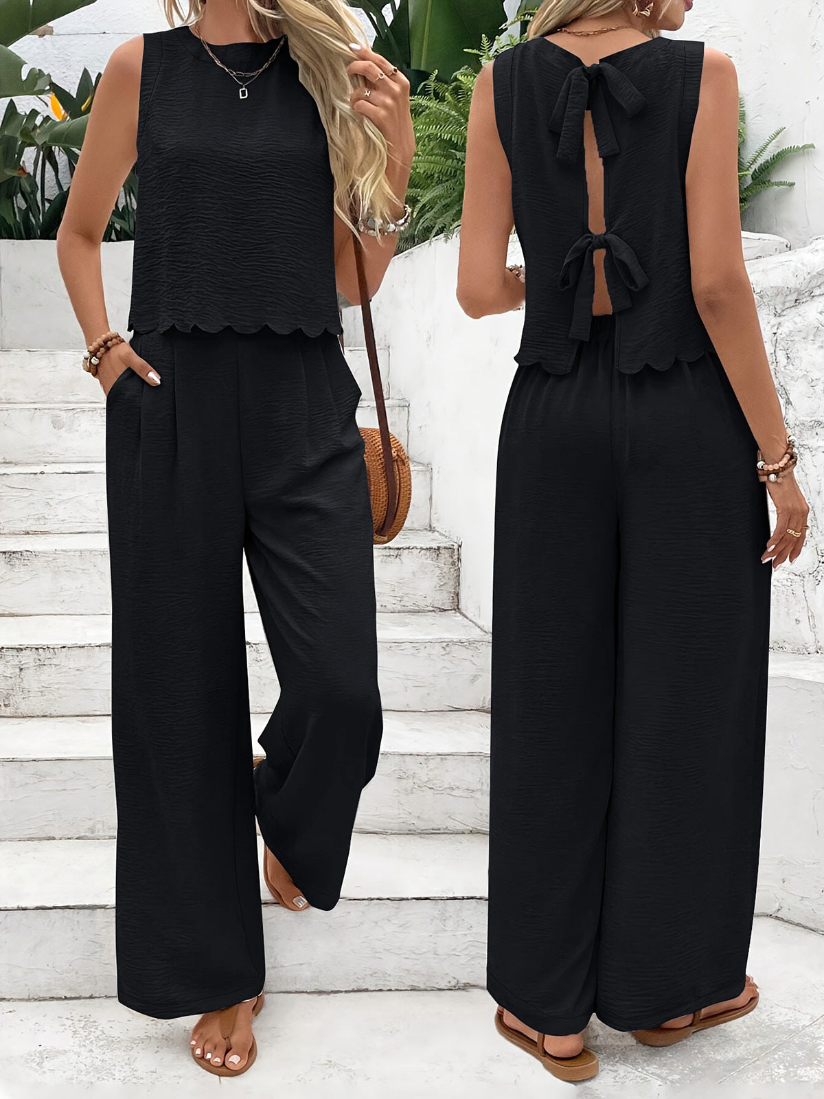 Women’s Co-Ord Set – Sleeveless Cropped Top – High Waist Wide-Leg Trousers – Relaxed Fit