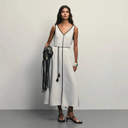 Women’s Sleeveless Midi Dress – A-Line Fit – U-Neck – Adjustable Waist Tie – Breathable Fabric